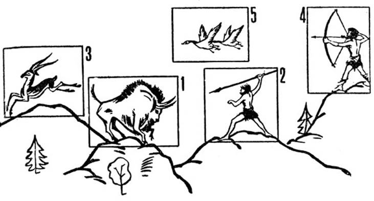 Рис. 3. Изобретение лука и стрел. Меловой рисунок и аппликации 